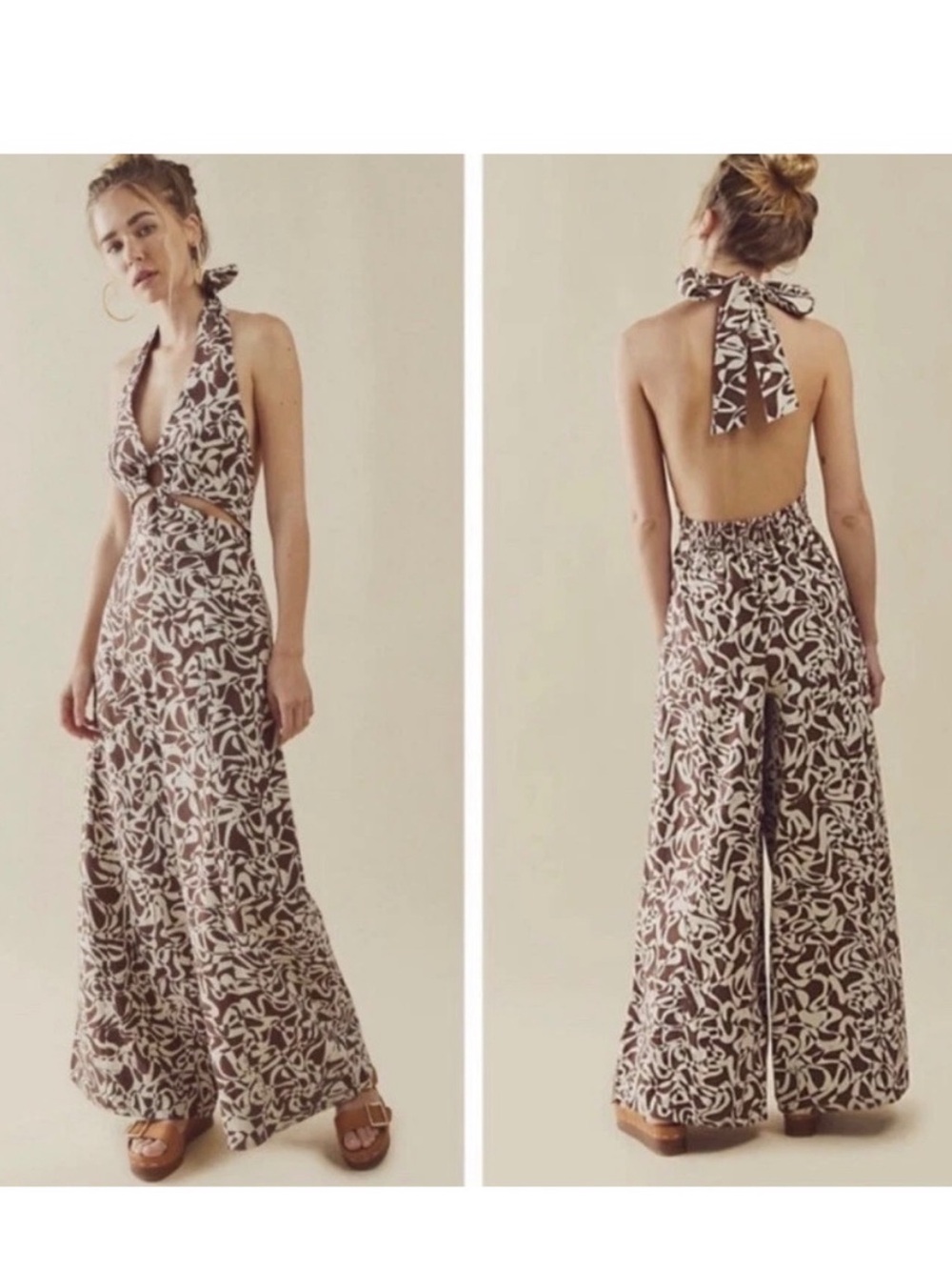 Free People Kira Abstract Cut-Out Brown & White Jumpsuit
